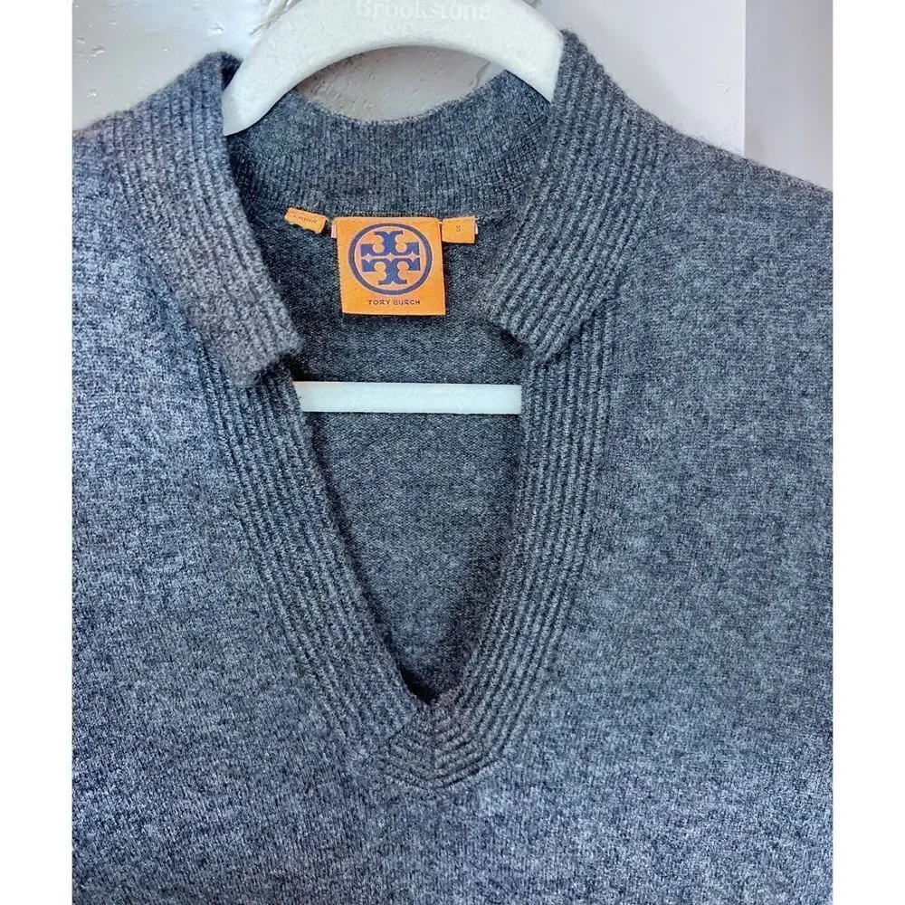 Tory Burch Soft 100% Cashmere Graphite Grey V-Neck Tunic Sweater Sz Small